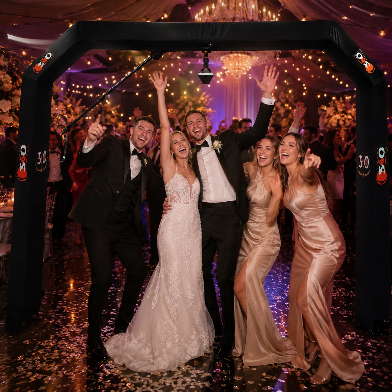 Bride, groom and guests using the 360 booth at night