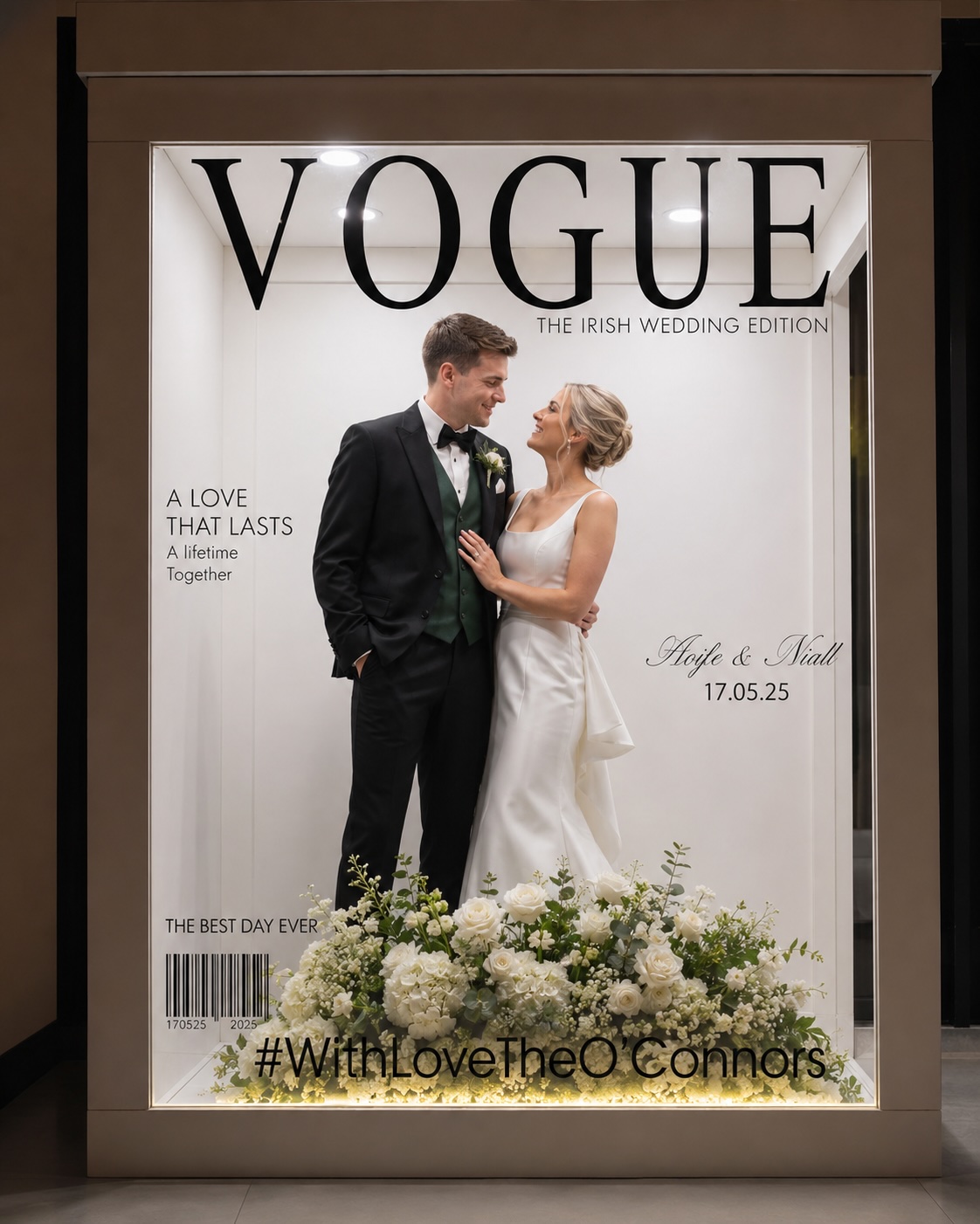 Couple posing for a Vogue-style wedding magazine cover