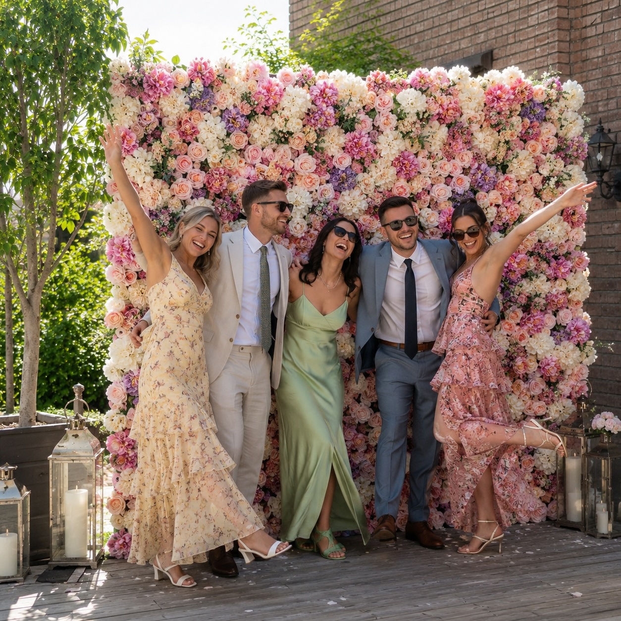 Guests posing at a pastel flower wall in daylight