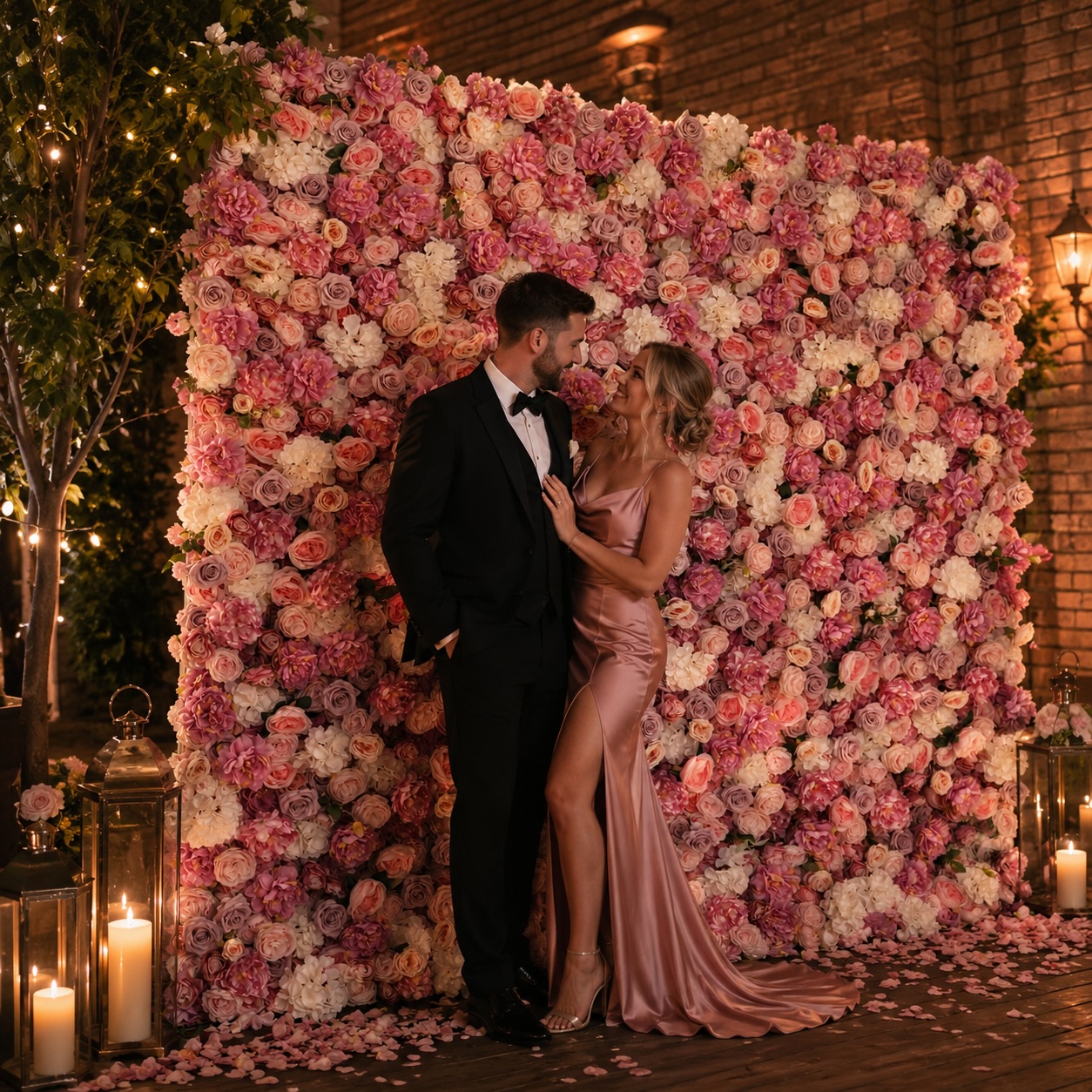 Illuminated flower wall backdrop at an evening reception